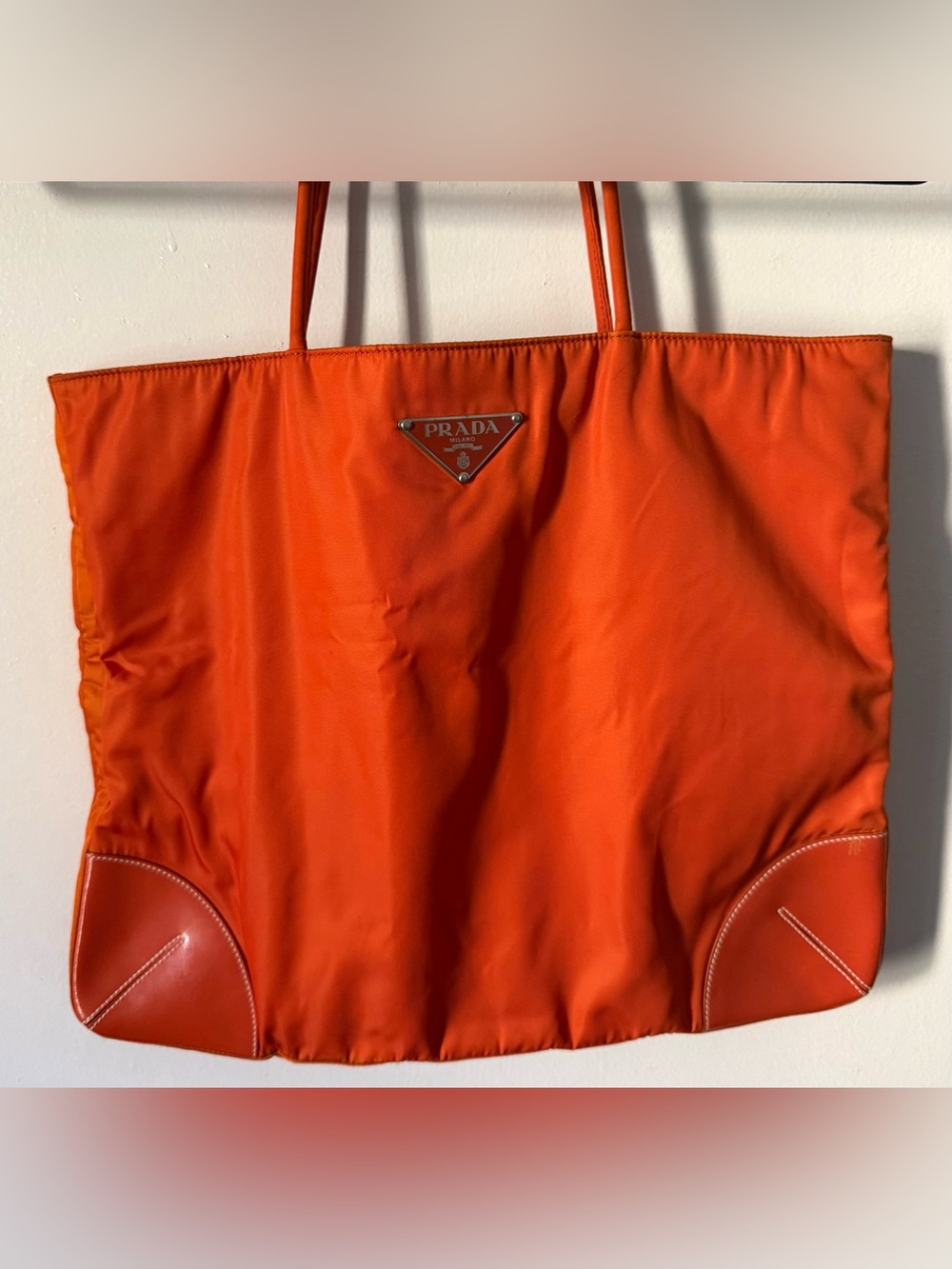 Prada Orange Nylon Tote Large Shopper Bag Leather Trim - Picture 7 of 12